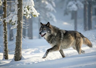 Naklejka premium Dynamic Gray Wolf Running Through Snowy Forest - Majestic Winter Landscape Capture of Strength and Agility in Nature