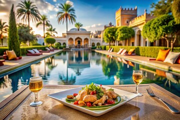 Obraz premium Luxurious Culinary Experience by the Pool at a Historical Palace Resort Surrounded by Opulence and Elegance, Perfect for Gourmet Food Photography and Relaxation