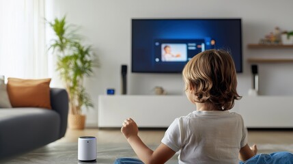 A child interacting with a smart home voice assistant while a branded security monitor displays live footage