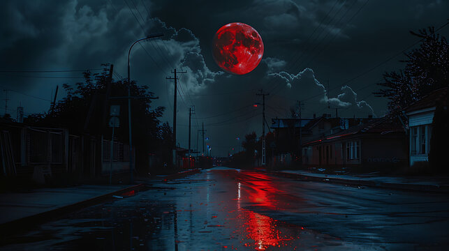 Mysterious Night Street Scene with Full Moon and Dramatic Clouds Reflecting on Wet Pavement in a Quiet Urban Neighborhood
