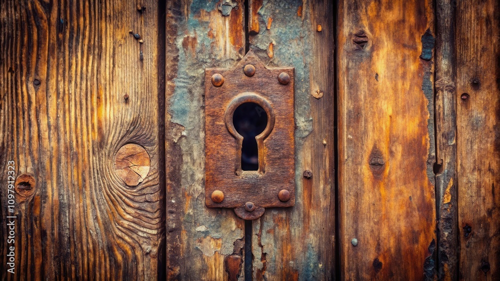 Poster a weathered wooden door with a rusty keyhole, showcasing the passage of time and the secrets it hold