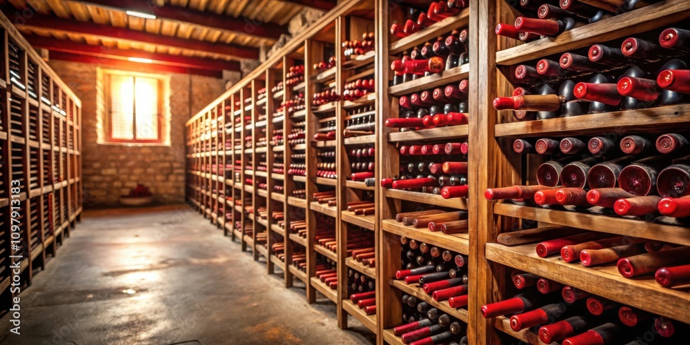 Aufkleber a rustic wine cellar with rows of wooden shelves filled with bottles of wine, illuminated by a strea