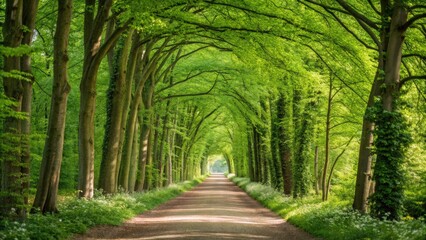 Fototapeta premium Enchanting Walkway in a Lush Spring Beech Forest in Leuven, Belgium - A Natural Tunnel for Eco Tourism and Environmental Conservation