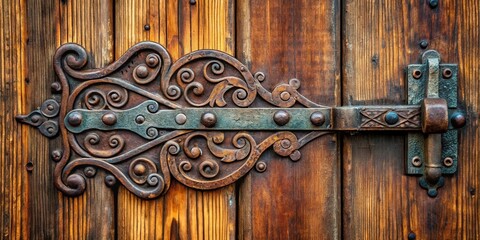 Intricate Wrought Iron Hinge Embellished with Ornate Scrolls Adorns Aged Wooden Door