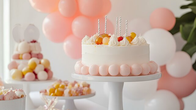 birthday cake with candles and balloons on ehite table