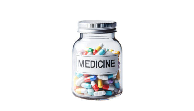 Jar of medicine on a transparent background. Concept related to health and caution not to take too much medicine