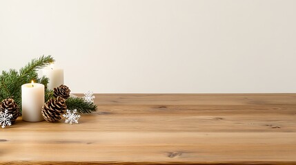 Fototapeta premium Cozy Winter Candle with Pine Cones and Snowflakes on Wooden Background