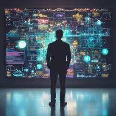 Man observes futuristic digital data display.