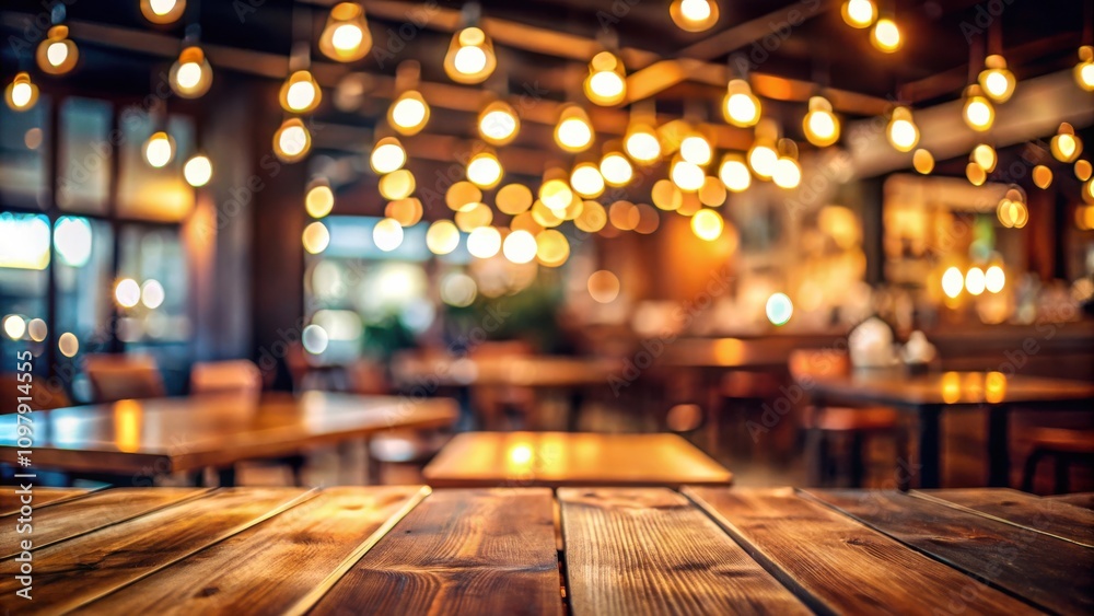 Poster close-up of a wooden table in a dimly lit restaurant with a blurred background of warm lighting and 