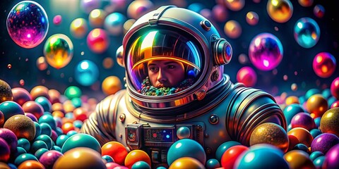 Fototapeta premium Macro Photography of Colorful Balls Representing Creativity and Technology Inside a Space Suit, Capturing the Fusion of Imagination and Innovation in a Unique Cosmic Environment