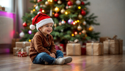 A young boy in a Santa hat sits by a Christmas tree with colorful lights and gifts.

