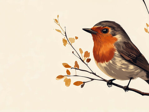 A Flat Illustration of a Robin Perched on a Branch in Soft Red and Brown Hue