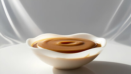creamy caramel sauce in white bowl isolated on transparent background , Generative Ai.
