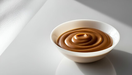 creamy caramel sauce in white bowl isolated on transparent background , Generative Ai.

