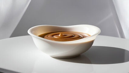 creamy caramel sauce in white bowl isolated on transparent background , Generative Ai.
