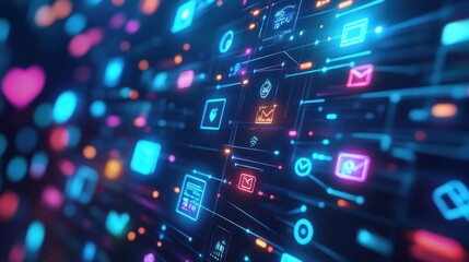 Fototapeta premium A vibrant digital network showcasing various icons representing communication and data.