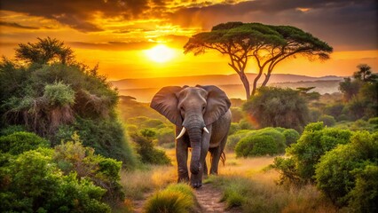 Fototapeta premium Majestic African Elephant Walking Through Vibrant Bush Landscape at Sunset Captured in Stunning Architectural Photography Style