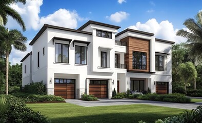 New Craftsman-style cottage home with white trim, front yard with green grass and paver walkway