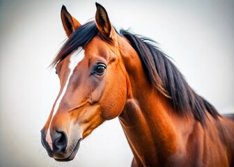 Obraz premium Majestic Bay Horse Head Isolated on White Background Perfect for Equine Enthusiasts and Equestrian Lifestyle Imagery in Architectural Photography Style