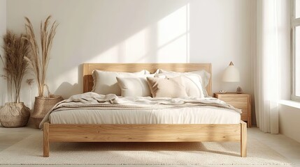 Cozy beige bedroom showcasing a wooden double bed adorned with plush pillows, minimalist decor, and a bright white wall perfect for Mockups, bathed in soft, warm light. 8k image
