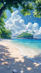 Idyllic beach with crystal-clear waters, shells scattered on the sand, and a tropical island visible in the distance, anime style, wallpaper