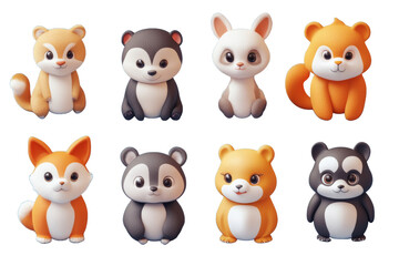 Obraz premium Set of little cartoon animals characters like Bear, Rabbit, Cat, Dog, Fox, Elephant, Monkey, Lion, Panda, Owl, Penguin, Tiger