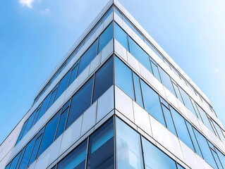 Modern Architectural Design of a Commercial Building with Glass Facade Reflecting Blue Sky and Clouds, Showcasing Contemporary Urban Infrastructure and Aesthetic Appeal