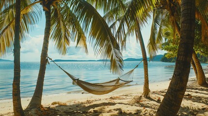 Fototapeta premium A hammock hangs between palm trees on a white sandy beach, with a view of a blue ocean.