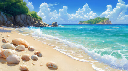Idyllic beach with crystal-clear waters, shells scattered on the sand, and a tropical island visible in the distance, anime style, wallpaper