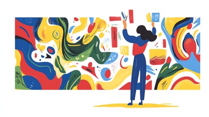 a 2D cartoon illustration of a person decorating a room with wall art, creative and colorful, white background--ar 16:9