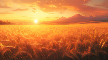 Golden wheat field at sunrise, with gentle wind swaying the crops, and distant mountains in a warm, pastel-colored background, anime style, wallpaper.