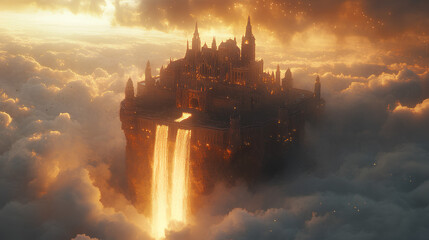 Fantasy castle floating among clouds, with waterfalls cascading from the castle and golden light illuminating the scene, anime style, wallpaper