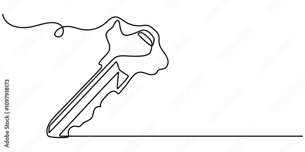 Poster One line drawing of big key isolated on white background. continuous line drawing of key vector illustration one line style, Security concept continuous line art. Editable outline. Vector minimalist 