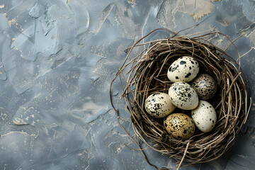 Obraz premium top view of quail eggs in nest and on grey textured background