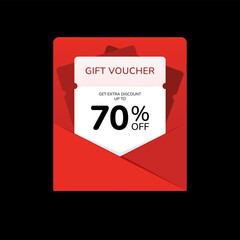 Gift voucher with extra discount bonus up to seventy percent off with red envelope. Vector design for promo, marketing, promotion, web, marketplace or social media.