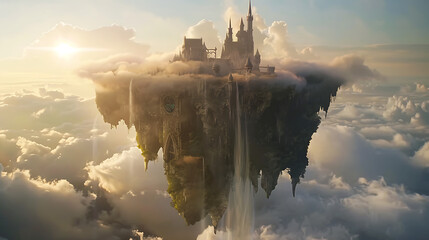 Majestic Floating Castle Above the Clouds with Cascading Waterfall and Dreamlike Atmosphere, Eliciting Fantasy and Adventure in a Serene Sky Setting