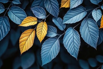 Fototapeta premium Close-up of leaves in shades of blue and yellow, with a dark background