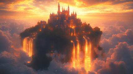 Fantasy castle floating among clouds, with waterfalls cascading from the castle and golden light illuminating the scene, anime style, wallpaper