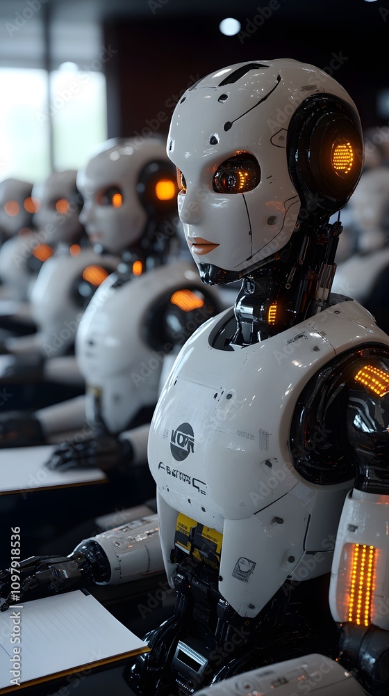 Poster a row of humanoid robots with glowing features, poised as if in a classroom setting.