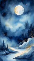 Naklejka premium Moonlit winter landscape, peaceful mood, serene night scene with watercolor style and blue hues 