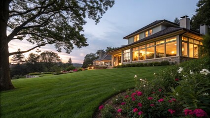 Long Exposure of a Grand House with a Large Window Overlooking a Lush Green Lawn at Twilight, Capturing Serenity and Architectural Beauty in Nature's Embrace