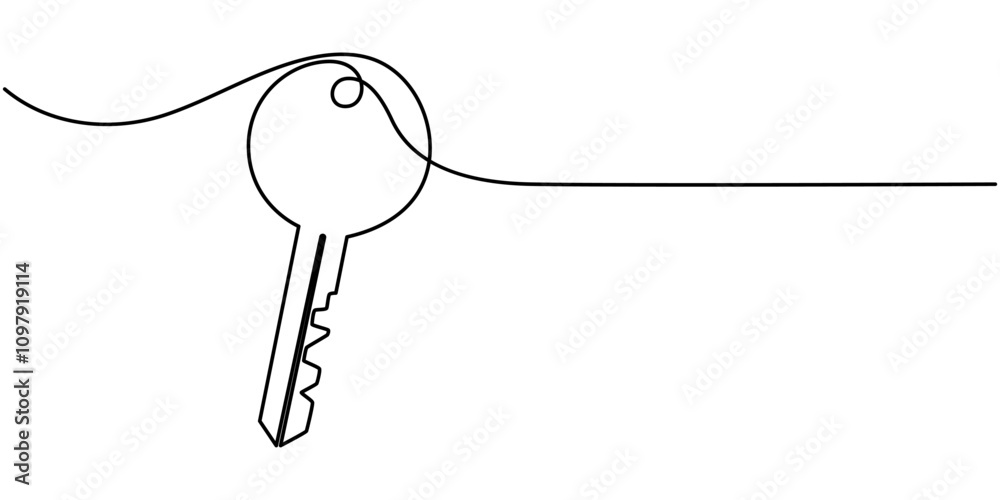Poster One line drawing of big key isolated on white background. continuous line drawing of key vector illustration one line style, Security concept continuous line art. Editable outline. Vector minimalist 