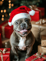 French Bulldog wearing a Santa hat