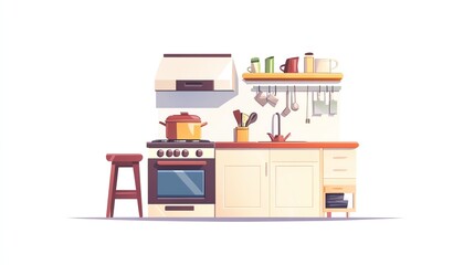 Fototapeta premium a 2D cartoon illustration of a cozy kitchen with a pot on the stove, warm and homey, white background--ar 16:9