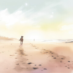 Naklejka premium Pastel image of dog walking on the beach with paw prints