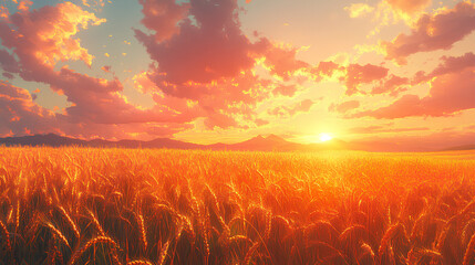 Golden wheat field at sunrise, with gentle wind swaying the crops, and distant mountains in a warm, pastel-colored background, anime style, wallpaper.