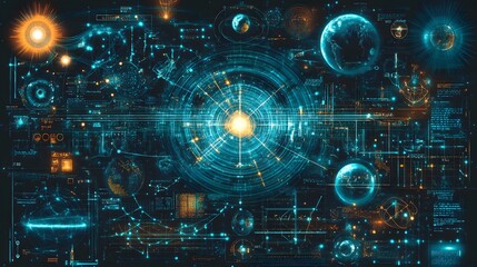 Futuristic digital interface with cosmic imagery and data visualization.