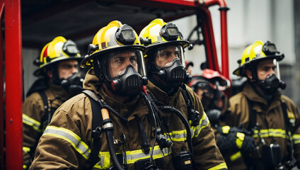 Fototapeta premium Group of Firefighters in Full Gear Working
