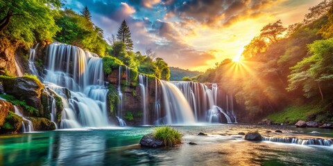 Obraz premium Majestic Waterfall Cascading from a Cliff into a Serene River in Slow Motion with Bokeh Effect Creating a Dreamy Atmosphere