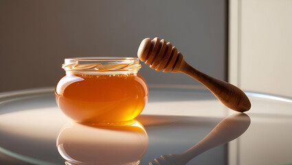 Golden honey jar with wooden dipper isolated on transparent background, Generative Ai.